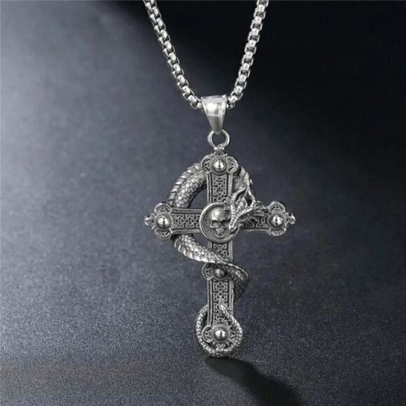 Dragon Skull Cross Mystical Unisex Stainless Steel Pendant Necklace - Picture 7 of 8